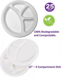 4 Compartment Super Rigid Strength White Disposable Bagasse Plates 12" 25PC