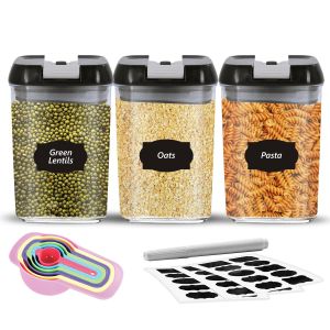 MantraRaj Airtight Food Storage Containers Set PK3 X 1.2L Plastic Storage Jars With 1 Marker, 10 Labels, 6 Measuring Spoons