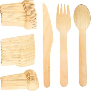 300pcs Disposable Wooden Cutlery Set | 100 Forks, 100 Spoons, 100 Knives