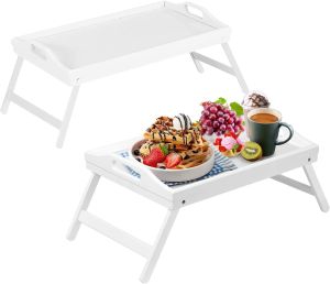PK2 Wooden Bamboo Food Serving Breakfast Tray Table With Handles & Folding Legs
