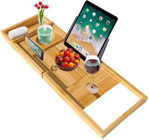 Bamboo Bathtub Caddy Tray Expandable with Book Holder for Luxury Bath