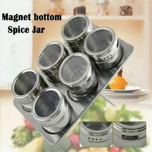 6 Pc Magnetic Herb Home Kitchen Rack Tin Jar Holder Stainless Steel Storage