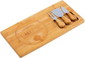 Bamboo Chopping Board Wooden Serving Platter with 3 Cheese Knife Set Gift Idea