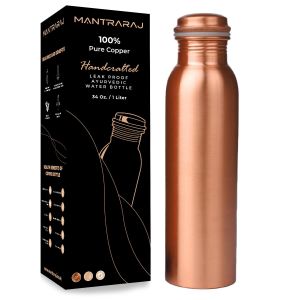 MantraRaj 100% Pure Copper Water Bottle 1 Liter 34 Oz Leak Proof Perfect Ayurvedic Copper Vessel for Sports, Fitness, Yoga (Plain)