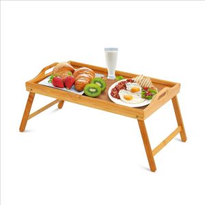 Wooden Bamboo Food Serving Breakfast Tray with Handles Portable Folding Legs