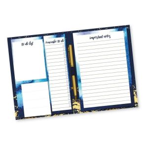 Blue & Gold Foil Desk Planner Memo Pad Notebook Sticky Notes To Do List Pen Git