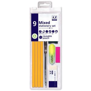 9 Pcs Mixed Stationery Set Pen HB Pencils Eraser Sharpener Highlighter School