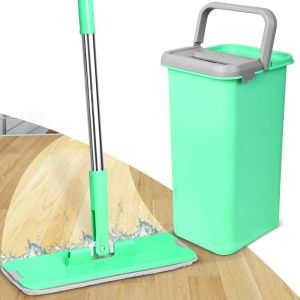 360� Rotate Head Flat Mop and Bucket Set Microfibre Flat Mop with Handle Innovative Twin Chamber Bucket for Wet & Dry Use 2 Reusable Pads Suitable for All Floor Types (Green)
