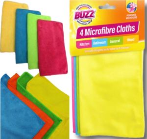 4 X Microfibre Clothes Kitchen Bathroom General Wood Cleaning Powerfull Buzz Clr