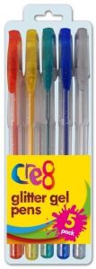 Glitter Gel Pens, 5 Colours - RED GREEN YELLOW SILVER & BLUE.