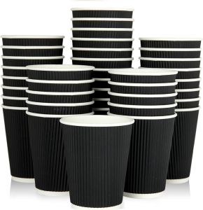 8oz Disposable Paper Coffee Cups Insulated Triple Wall Ripple Kraft Black For Takeaway Hot & Cold Drinks
