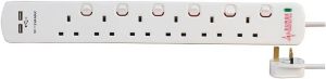 6 Gang 2 USB Surge Protected Extension Lead UK Socket Plug   Cable 2M (White)