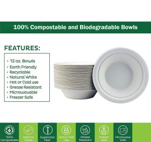 12oz Disposable Paper Bowls Biodegradable Compostable Bagasse Bowl 50Pc