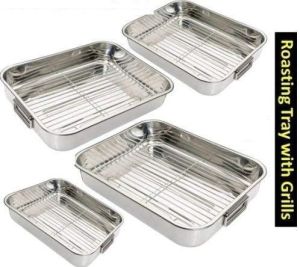 4PC STAINLESS STEEL ROASTING TRAYS OVEN PAN DISH BAKING ROASTER TRAY GRILL RACK