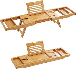 Bamboo Bath Caddy Extendable Adjustable Home Spa Bath Tray With Foldable Legs