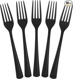 Pack of 50 Heavy Duty Black Plastic Fork, Reusable and Washable Fork Perfect for Picnics, Parties, Tableware