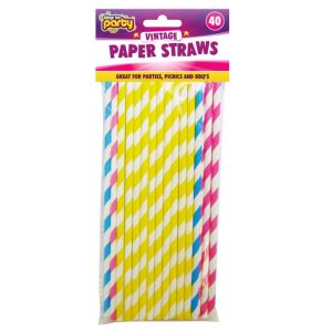Premium Paper Drinking Straws Party Retro Stripe 40PK for Birthday Wedding in Bright Rainbow Multi Colorful Striped