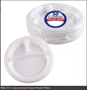 50 x 3 Compartment Plates Plastic 10" 26cm Disposable Party Catering Plate White