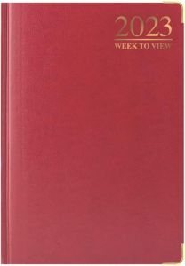 2023 A4 Week To View Diary With Metal Corner Padded Hardback Gilt Edge (Red)