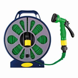 50ft Flat Hose Pipe Spray Gun Nozzle Set With Reel Stand Garden Outdoor Watering