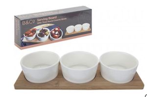Rectangular Serving Bamboo Board Tray With 3 Round Ceramic Tapas Dish Bowls