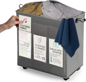 3 Section Laundry Storage Basket,120L Collapsible on Wheels Mesh Cover