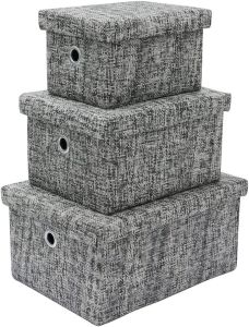 Set Of 3 Rectangular Paper Storage Basket With Hole Handle & Lids Urban For Office, Home