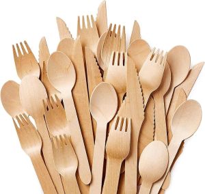 Disposable Wooden Spoons Forks and Knives Pack of 100 Cutlery Set Assorted 