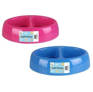 Double Pet Dog Cat Bowl Feeding Drinking Plastic Dish Feeder - Blue and Pink