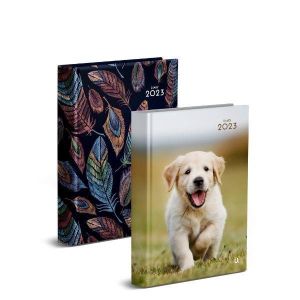 2023 A5 Week To View Diary WTV With Hourly Slots Patterned Diary Puppy Feathers
