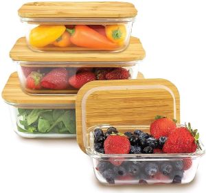 Glass Food Storage Container with Bamboo Lid Airtight Leakproof 4 Pc Set