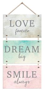 Wooden Wall Art 3 Piece Hanging Plaque Love Forever Dream Big Smile Always