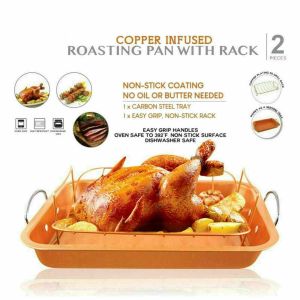 2Pc Non Stick Copper Roasting Pan Rack Grill Roaster Meat Food Tray Bakeware