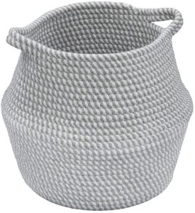 Round Belly Shape Cotton Lightweight Storage Rope Basket With Handle For Home Decor Use Grey Color