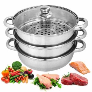 22cm 3 Tier Stainless Steel Vegetable Meat Food Steamer Cooker Cooking Pot