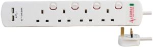 4 Gang 2 USB Surge Protected Extension Lead 2M UK Socket Plug With Switch(White)