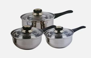 Set of 3 Stainless Steel Saucepan Essential Cookware Set with Glass Lids & Sturdy Handles Pot