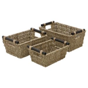 MantraRaj Seagrass Storage Baskets with Wooden Handles Set of 3 Decorative Natural Wicker Baskets for Storage