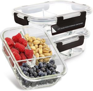 3Pc Airtight Glass Food Storage Containers with Lids Meal Prep Reusable 3 Compartments Containers