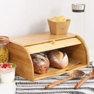 Bamboo Bread Bin Storage Counter Top Roll Top Bread Box Food Storage Containers Bread Bin