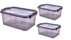 10L Grey Plastic Storage Boxes Container With Lids Handles Stackable Bins Pack of 3