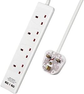 4 Gang Way Extension Power Lead UK Socket Plug 2 USB Slots Cable 2M(White)