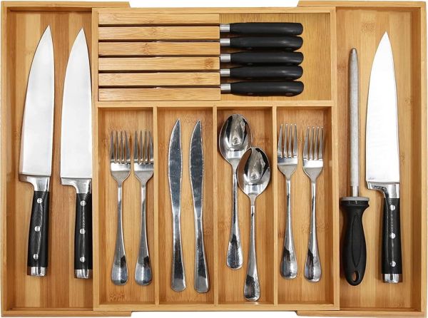 Bamboo Drawer Organizer Kitchen Cutlery Tray Expandable Utensil Flatware Storage 